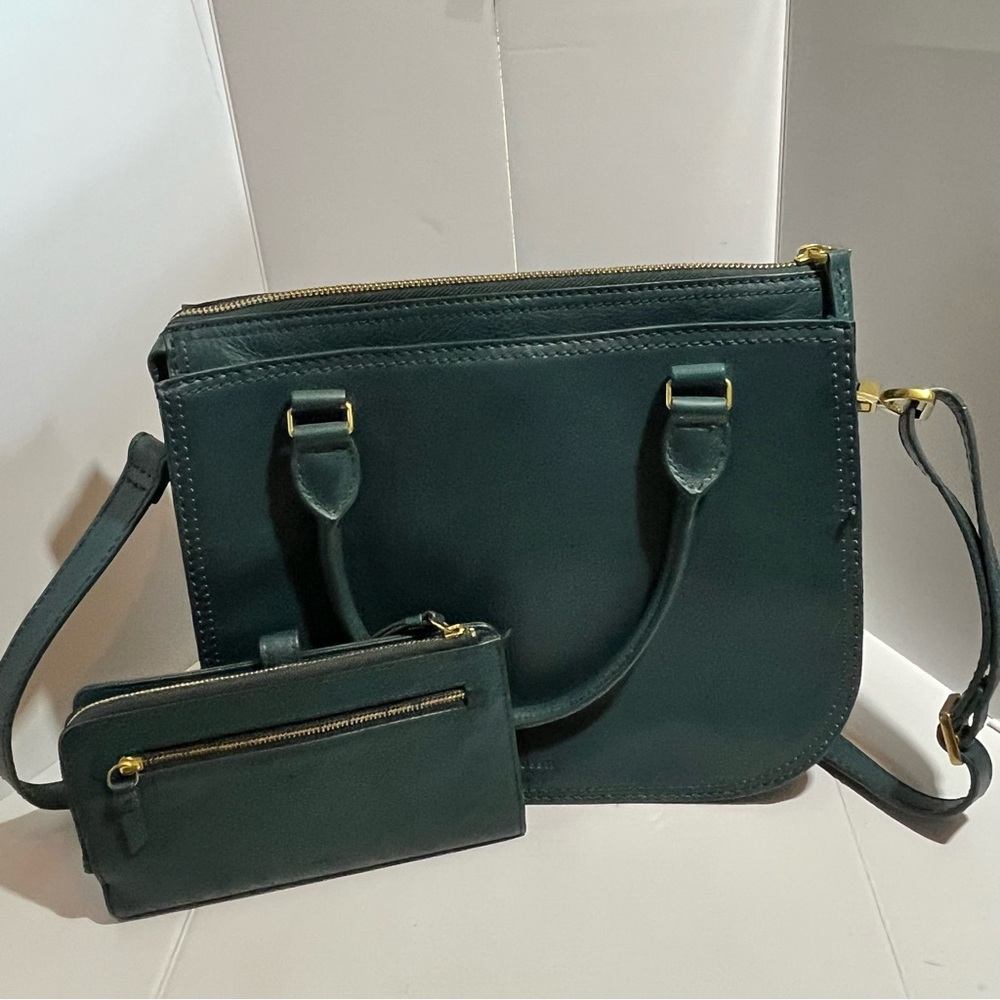Fossil Green Ryder Satchel Crossbody Signature Jacquard style Leather Bag Wallet - Picture 2 of 14